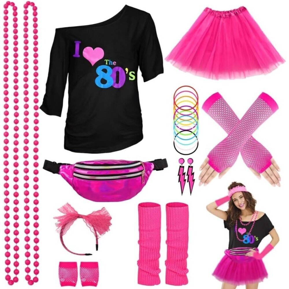 80s Costume Accessories Women Set T-Shirt Tutu Fanny Pack Headband Earrings